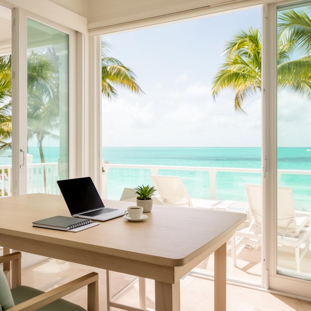 A bright Florida Keys terrace workspace with a laptop and notebook overlooking turquoise water — the real-world setting SeaFlow is built for.